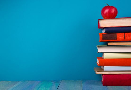 blue background with Students books